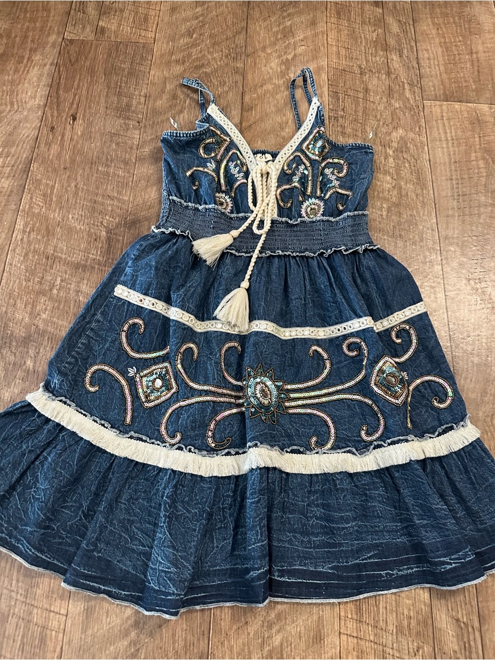 POL Blue Embroidered Tassel-Front Mini Dress